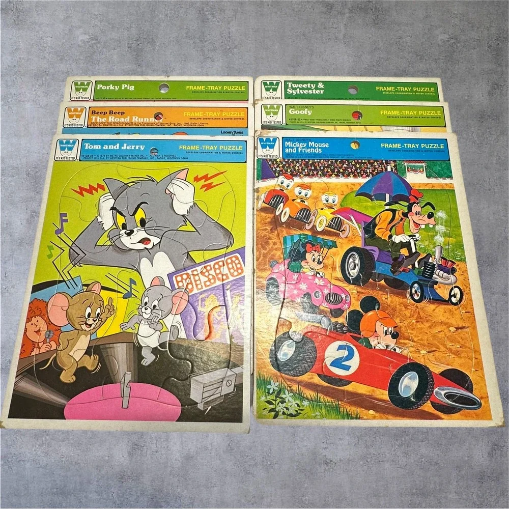 Lot 6 Vintage Whitman Frame Tray Puzzles Tom‎ Jerry Mickey Road Runner 1970s
